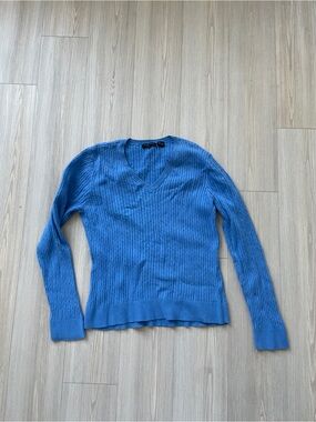 Jeanne Pierre 100% Cotton Cornflower Blue V-Neck Ribbed Women’s Sweater